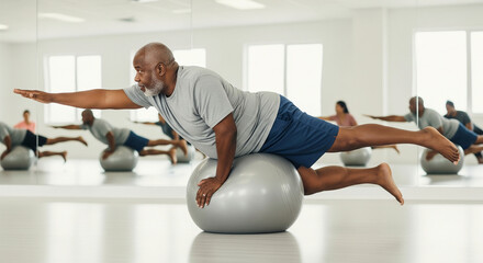 Active senior African American man focusing on core strength and balance while exercising on a stability ball during a group fitness class