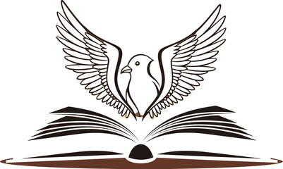 Bird with outstretched wings perched atop an open book on a tan background