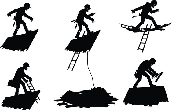 Construction worker, rooftop hazard, silhouette style, ladder misuse, toolbox carry, unsafe posture, black and white, occupational risk, safety awareness, vector illustration