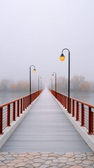 Misty River Bridge with Orange Street Lamps and Autumn Trees in Soft Daylight