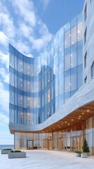 Modern Architectural Photo of a Futuristic Curved Building Entrance With Glass Facade and Wooden Accents Under a Blue Sky