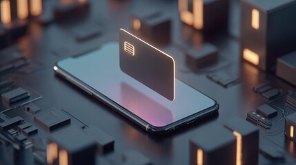 Smartphone with Digital Credit Card Floating Above Circuit Board in Futuristic Technology Scene