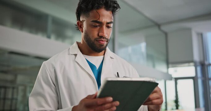 Tablet, doctor and confused man in hospital for healthcare, report error or mistake. Technology, reading and serious medical professional with telehealth glitch, insurance review and problem solving