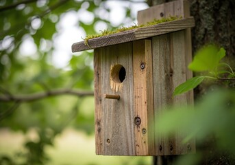 Birdhouse from scrap wood fixed on tree trunk with moss on roof in lush green setting