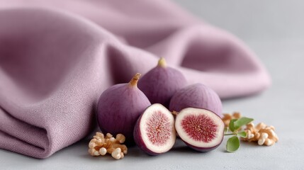 Purple Figs and Walnuts Artfully Arranged on a Lilac Fabric with a Subtle Sparkle Against a Soft Gray Background Illuminated by Gentle Studio Lighting