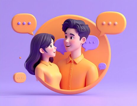 A cartoon couple conversing, surrounded by speech bubbles, within an orange circle