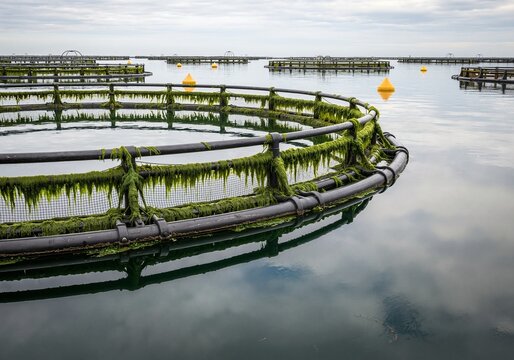 Algae covering fish farm_3 showing aquaculture pens with green seaweed buildup on mesh