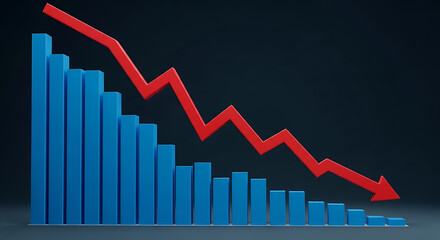 Dark gradient backdrop highlights a blue descending bar chart with a jagged red decline line across