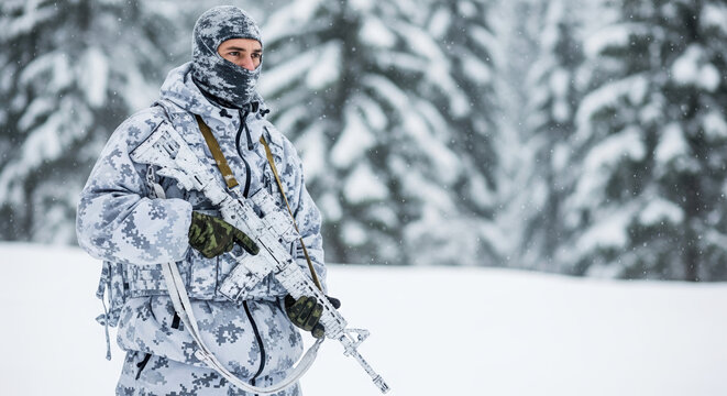 Winter warfare with soldier in camouflage suit holding rifle in snowy forest. Winter warfare concept shows combatant dressed for cold environment. - Powered by Adobe
