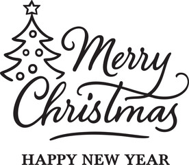 Black and White Line Art 'Merry Christmas Happy New Year' Typography with Christmas Tree Vector