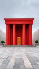Striking Low Angle View of a Vibrant Red Temple Entrance with Grand Golden Doors and Classical Columns Under a Cloudy Sky