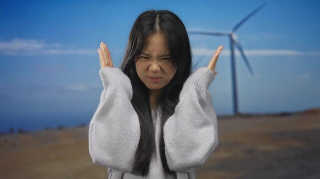 Young chinese woman in a cozy sweater makes playful faces standing in a field with a windmill under a vast blue sky, combining humor and nature effortlessly.