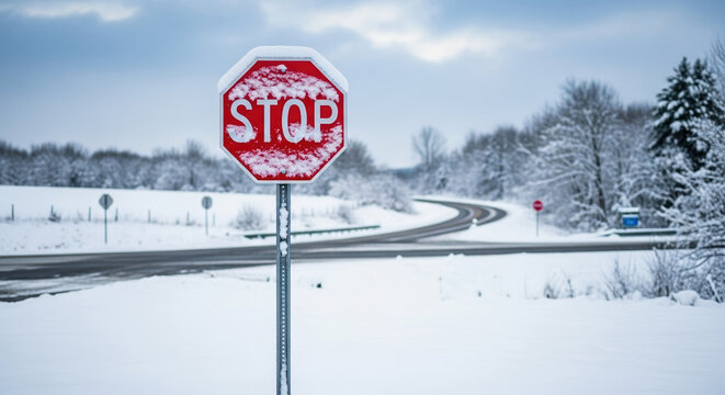 Stop sign in winter wonderland covered in snow, icy road ahead. Stop sign shows winter's power and need for safety, caution is important during winter travel.