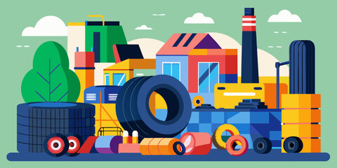 Colorful recycling plant with various tires and industrial structures  