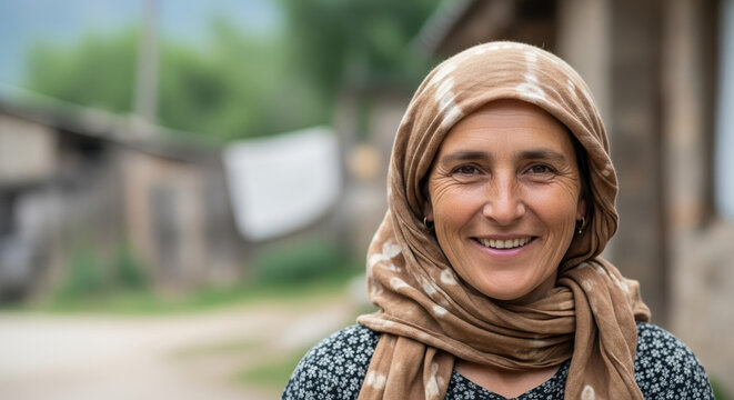 Smiling woman with headscarf radiates warmth and authenticity. Middle aged woman smiles gently in village setting, highlighting woman's strong features and serene expression.