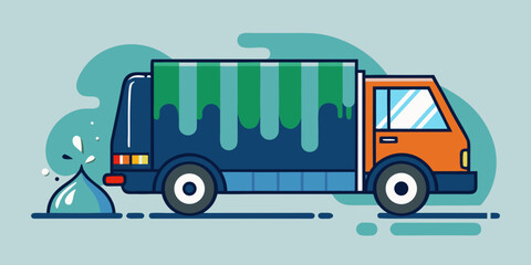 Fototapeta premium Leaking garbage truck with green waste spilling on the road 