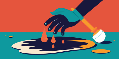 Hand cleaning oil spill with sponge on colorful background  