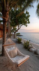 Tranquil Beach Hammock Serenity At Dusk With Palm Trees And Gentle Ocean Waves Creating A Peaceful Tropical Paradise