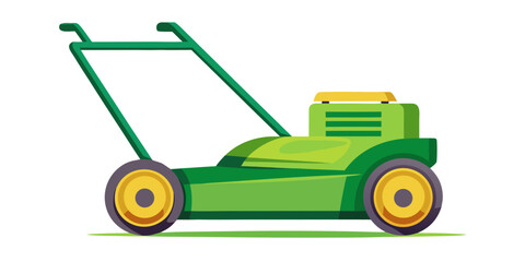 Fototapeta premium Manual lawn mower in green color with yellow details on white background 