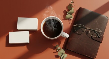 Cozy morning workspace with coffee, journal, and essentials on a warm-toned desk