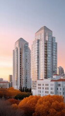 Two Modern White Skyscrapers Reflecting Golden Sunset Light With Autumn Trees In The Foreground Overlooking A Cityscape