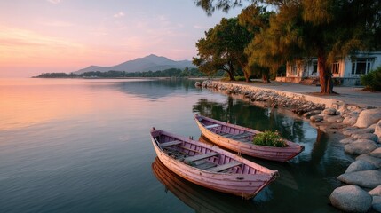 Two Light Pink Wooden Boats Float Calmly In The Still Water Of A Tropical Bay During A Vibrant Orange Sunset With Distant Mountains And Lush Green Trees On The Shoreline In Sakinda