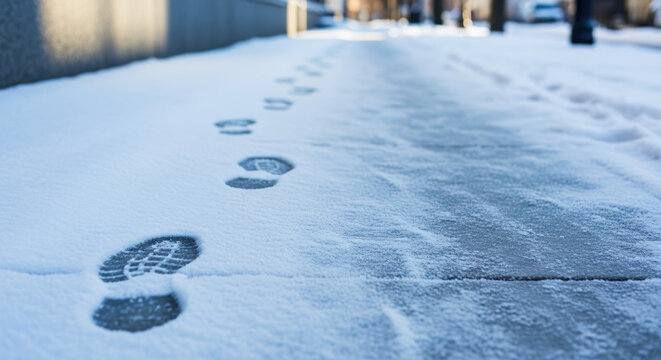 Footprints in snow mark path along urban sidewalk, winter footprints in snow scene depicts a journey through city environment. Clear footprints highlight recent footsteps.