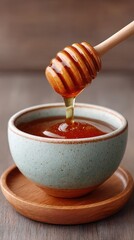 Macro Close Up of Golden Honey Dripping from a Wooden Honey Dipper into a Textured Ceramic Bowl with Soft Natural Lighting on a Rustic Background