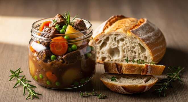 Hearty beef stew presentation featuring rustic bread alongside, perfect for food photography. Beef stew is artfully displayed, showcasing ingredients like tender meat, carrots, potatoes, - Powered by Adobe