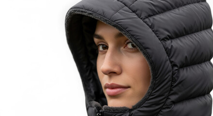 Woman wearing warm jacket, closeup portrait in winter clothes with hood pulled up for cold weather protection. Winter clothes and outerwear for women during outdoor activities.