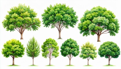 Fototapeta premium Large Watercolor Green Tree Set Broadleaf and Evergreen