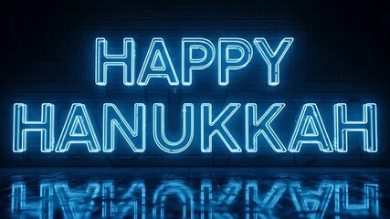 Happy Hanukkah neon sign for festive celebrations! Glowing blue light against brick wall, Hanukkah greetings for holiday e-cards, website banner, social media posts, presentations.