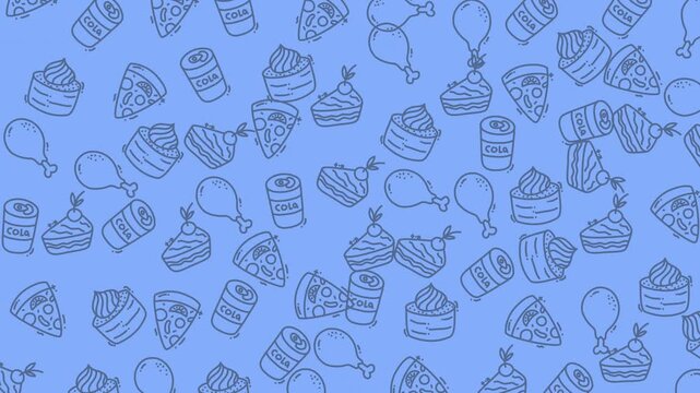 Seamless doodle animation featuring pizza, cake, soda cans, and chicken drumsticks in a cute hand-drawn style. Perfect for food branding, packaging, wallpaper, kids theme, and social media backgrounds