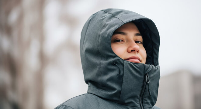 Portrait of woman wearing hooded jacket, focusing on hooded jacket details in overcast weather. Hooded jacket is fashionable and warm, ensuring protection from wind and rain.