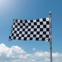 Waving a checkered flag against a blue sky with clouds in the background.