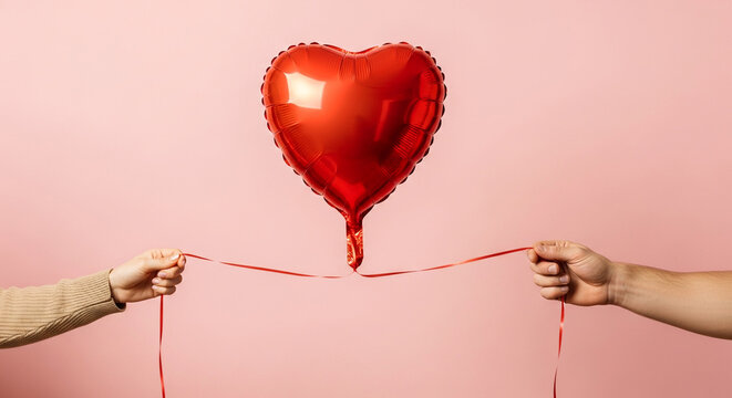 Two hands, a man's and a woman's, holding the strings of a single red heart-shaped balloon against a pink background, symbolizing love and connection