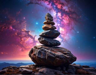 Stack of flat stones balances against a backdrop of a colorful nebula, on a mountaintop