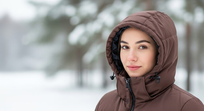 Winter portrait of woman in brown coat with hood set against blurred snow covered landscape. Winter portrait captures a serene moment, soft complexion, and wintry atmosphere.