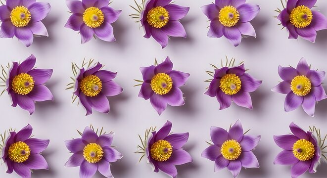 Purple Pasque Flowers with Yellow Centers on White Background in Repeating Pattern
