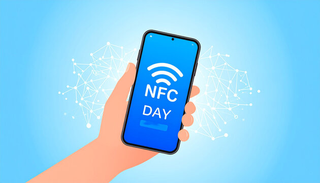 Hand Holding Smartphone with NFC Day Logo Mobile Payment