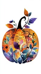 Pop art inspired pumpkin collage design with text fragments and vibrant textures, festive and bold.