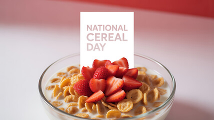 A bowl of cereal with milk and sliced strawberries, featuring a card that reads 'National Cereal Day'