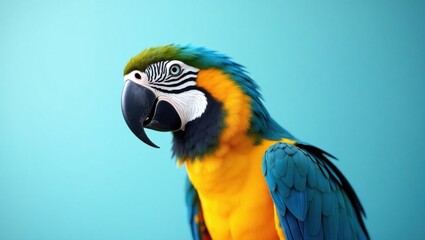 Close up of a majestic blue and gold macaw parrot head and upper body with vivid colors