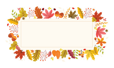 Autumn frame with watercolor leaves, branches and berries. Fall background. Vector illustration.