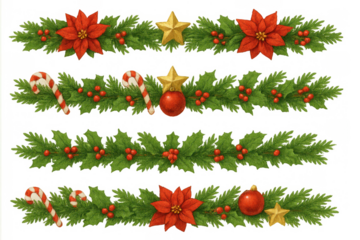 Christmas garland decoration set with poinsettia, holly, candy canes, glass ornaments, berries and stars