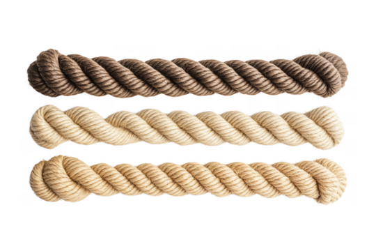 Thick twisted ropes in various natural colors isolated on a transparent background