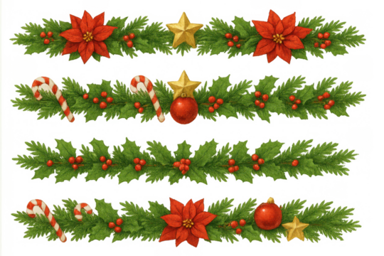 Christmas garland decoration set with poinsettia, holly, candy canes, glass ornaments, berries and stars