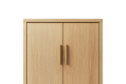 Light wood cabinet doors with brass handles isolated on a transparent background
