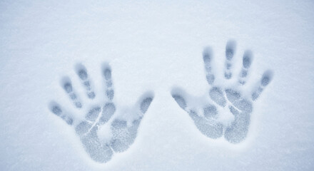 Handprints in snow showcase human touch on cold winter day. Handprints express connection with nature, contrasting warmth with cold winter. Concept of handprints in snow,