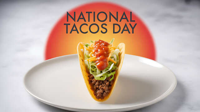 A taco filled with ground meat, lettuce, cheese, and salsa on a white plate with a 'National Tacos Day' text overlay